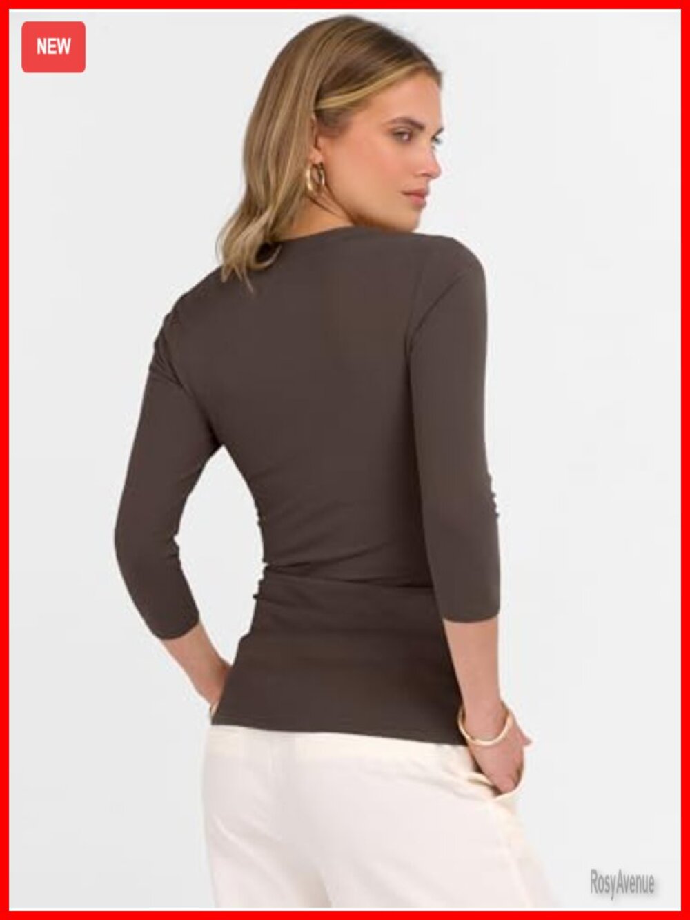 Women's Ribbed Knit V-Neck 3/4 Sleeve Slim Fit T-Shirt - Picture 5 of 7